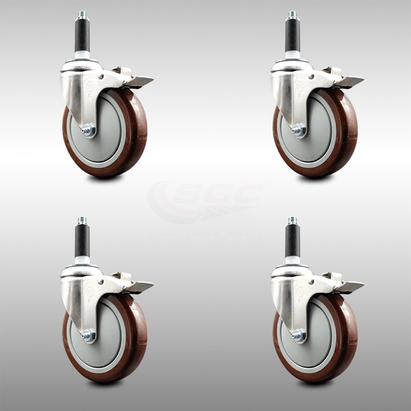 Service Caster 5 Inch 316SS Maroon Poly Swivel 7/8 Inch Expanding Stem Caster Set Lock Brake SCC-SS316TTLEX20S514-PPUB-MRN-78-4 - main